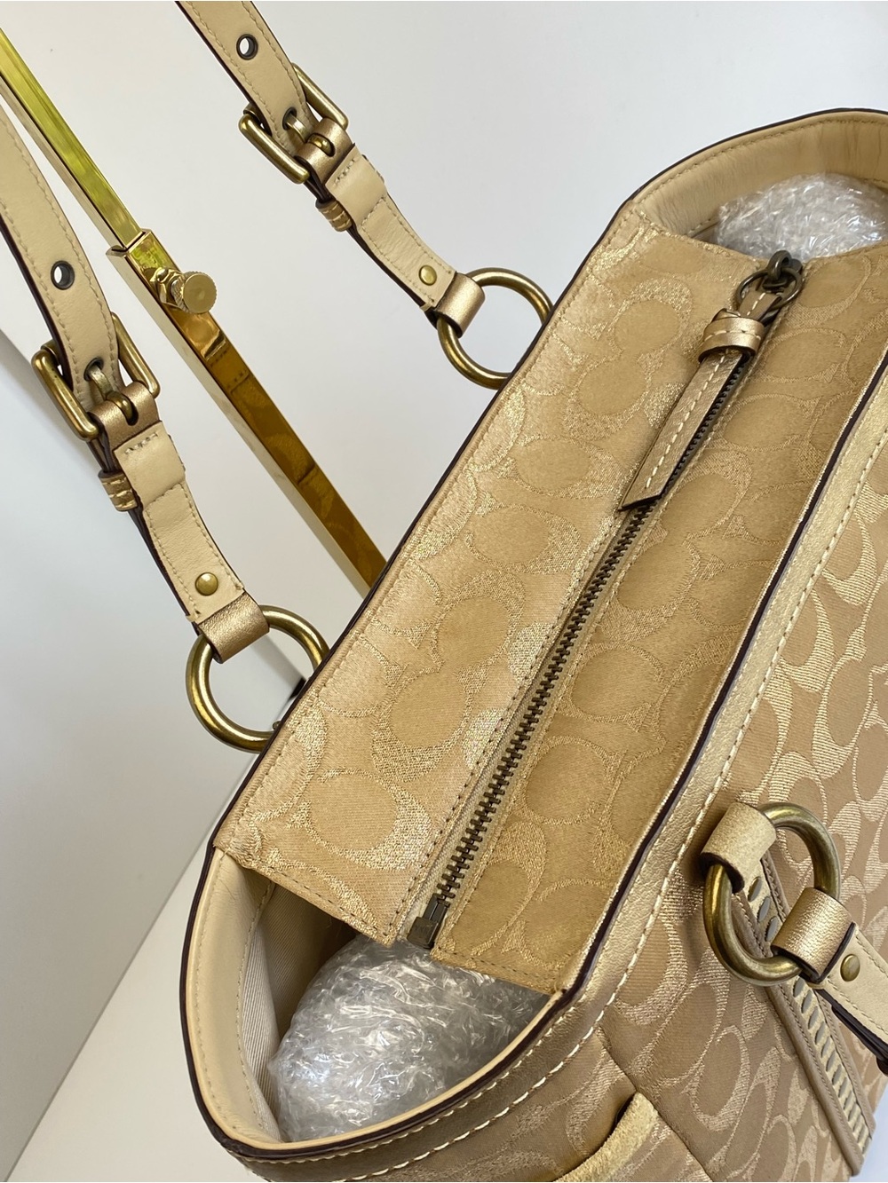 Coach Studded Signature Jacquard Gold Metallic Signature Tote with Suede Trim - Picture 6 of 17